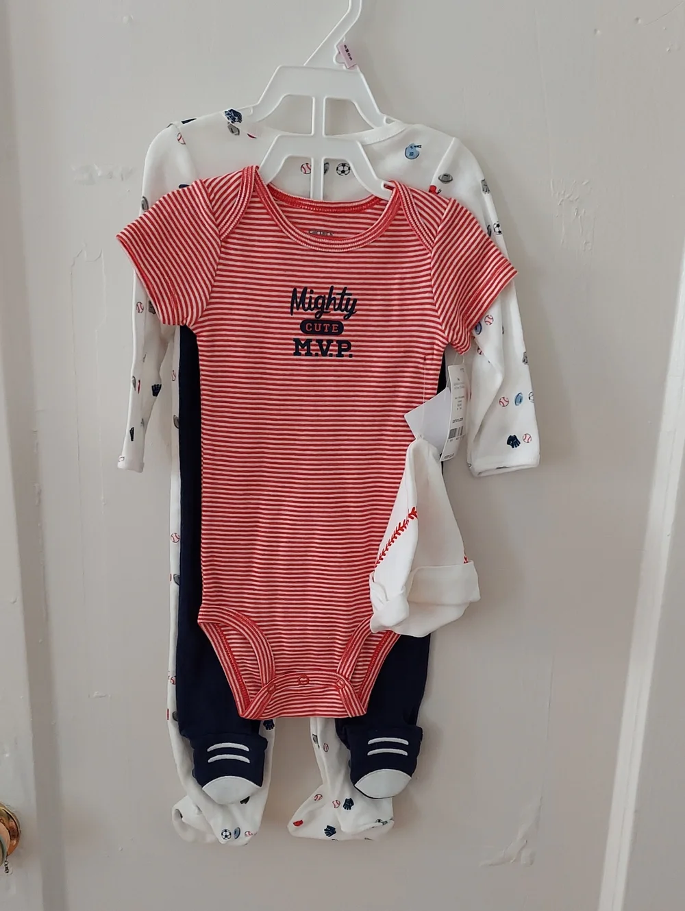 Mighty Cute MVP Red Stripe Baby Four-Piece Bodysuit